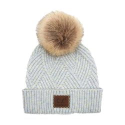 C.C Beanie HAT-2060 – Knitted Diagonal Stripe CrissCross Pattern with Pom (Pastel Blue Mix)