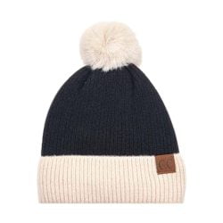 C.C HAT-3627 – Solid Colour Knitted Beanie with Beige Cuff & Pom (Black)