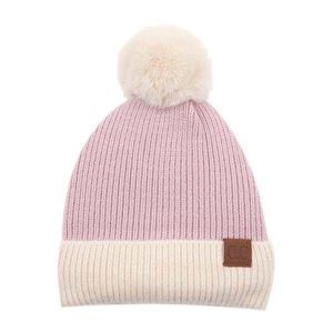 C.C Beanie Solid Colour Knitted Beanie with Beige Cuff & Pom (Lavender)