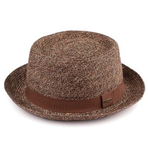 Modinno Collection – Polyester Fleck Weave Pork Pie Hat with Band (Brown)