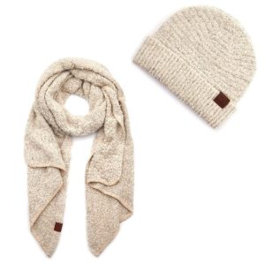 Solid Boucle Yarn Beanie with Cuff & Matching Scarf (Beige)