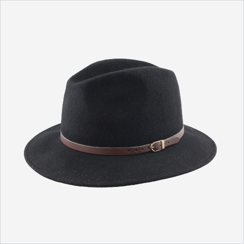 1H45 NOIR - Flechet 1H45 Fedora Unisex O/S Wool Felt Hat with Matching Leather Band And Inner Draw String (Black)