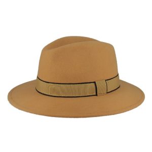 Flechet 1H48 Fedora Unisex O/S Wool Felt Hat Wide brim with Matching band black trim and inner draw string (Mustard)