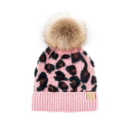 C.C KIDS-2061 – Beanie With Leopard Ptrn and Pom (Baby Pink)