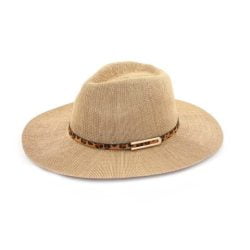 Knitted panama hat with fancy buckle in leopard trim band, Natural