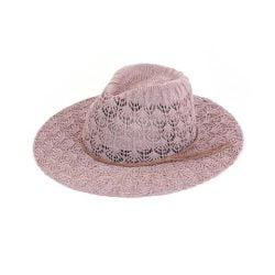 Horseshoe lace knitting panama hat with braided suede trim band, Dusty Rose