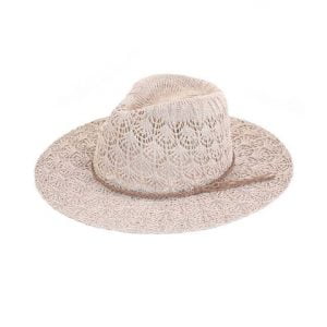 Horseshoe lace knitting panama hat with braided suede trim band, Light Taupe