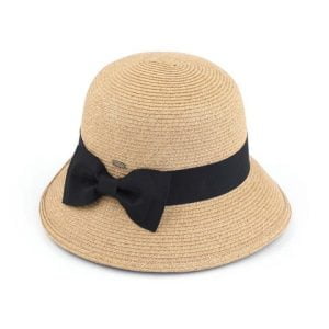 Cloche bucket straw sun hat with a grosgrain bow trim band, Tan