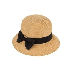 Cloche bucket straw sun hat with a grosgrain bow trim band, Natural