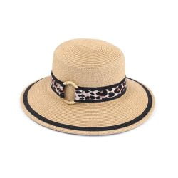 Straw sun hat with leopard print woven band in wooden O ring, Tan-Black