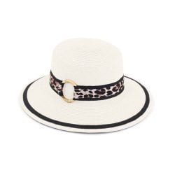 Straw sun hat with leopard print woven band in wooden 0 ring, White-Black