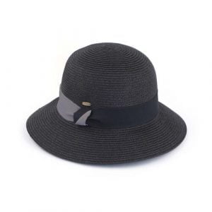 Cloche bucket straw sun hat with color blocking grograin band trim, Black