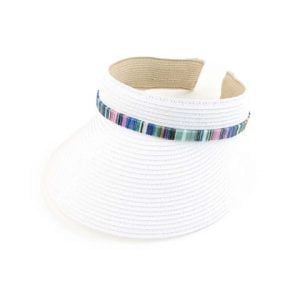 Straw sun visor with colorful ethnic boho stripe trim band, White
