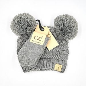 C.C Baby Set – Double pom solid ribbed beanie and mitts – Lt.Grey