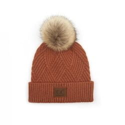 C.C Beanie HAT-2060 – Knitted Diagonal Stripe CrissCross Pattern with Pom (Rust Mix)