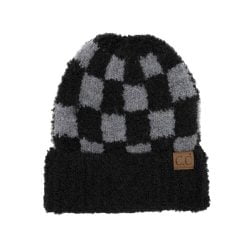 C.C HAT-4011 – Checkered Pattern Boucle Cuff – Recycled Yarn (Black/Dk. Grey)