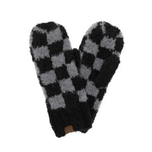 C.C checkered pattern boucle mitts, recycled yarn – Black-DkGrey