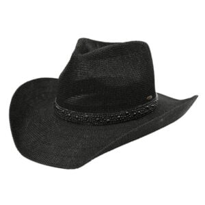 paper straw open weave cowboy hat w chin strap – Black