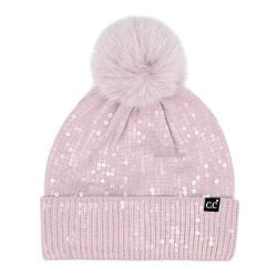 C.C HTC-0044 – Clear Sequin Beanie with Faux Fur Pom (Lilac)