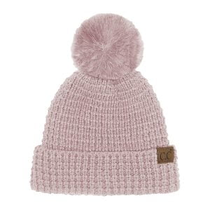 C.C HTE-0032 – Waffle Knit Pattern Cuff Beanie with Faux Fur Pom (Rose)