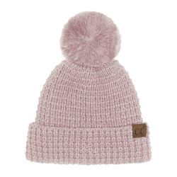 HTE0032 ROSE e1693340706778 250x250 - C.C HTE-0032 – Waffle Knit Pattern Cuff Beanie with Faux Fur Pom (Rose)
