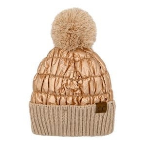C.C HTS-3601 – Puffer Hat with Faux Fur Pom (Champagne)