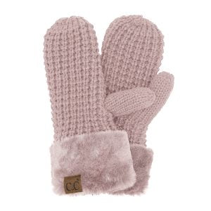C.C MTE-0032 – Waffle Knit Mittens with Faux Fur Cuff (Rose)